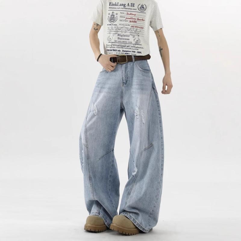 デニム メンズ デニムパンツ ジーンズ ジーパン ワイドレッグ ダメージ加工 ウォッシュ加工 ストレート ゆったり 普段使い 春夏秋冬 オールシーズン 浅青 紺色