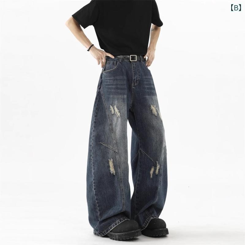 デニム メンズ デニムパンツ ジーンズ ジーパン ワイドレッグ ダメージ加工 ウォッシュ加工 ストレート ゆったり 普段使い 春夏秋冬 オールシーズン 浅青 紺色