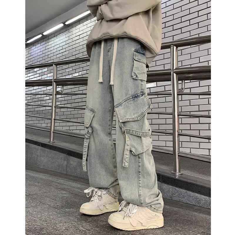 デニム メンズ ワークパンツ 春秋冬 オールシーズン ゆったり ストレート ジーンズ 多ポケット 普段使い カジュアル ブルー ブラック