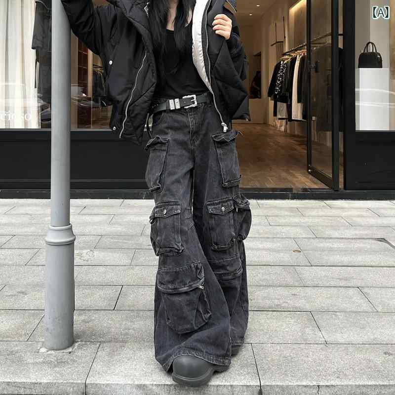 デニム メンズ ジーンズ 多ポケット 切り替え ワークパンツ カジュアルパンツ ベルボトム 黒 春 高弾性