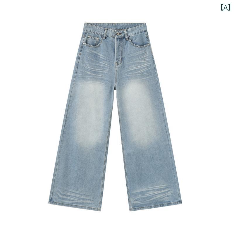デニム メンズ 水洗い加工 浅ブルー デニムパンツ ジーパン Gパン ルーズフィット ストレートパンツ 綿混紡 韓国 カジュアル 春夏