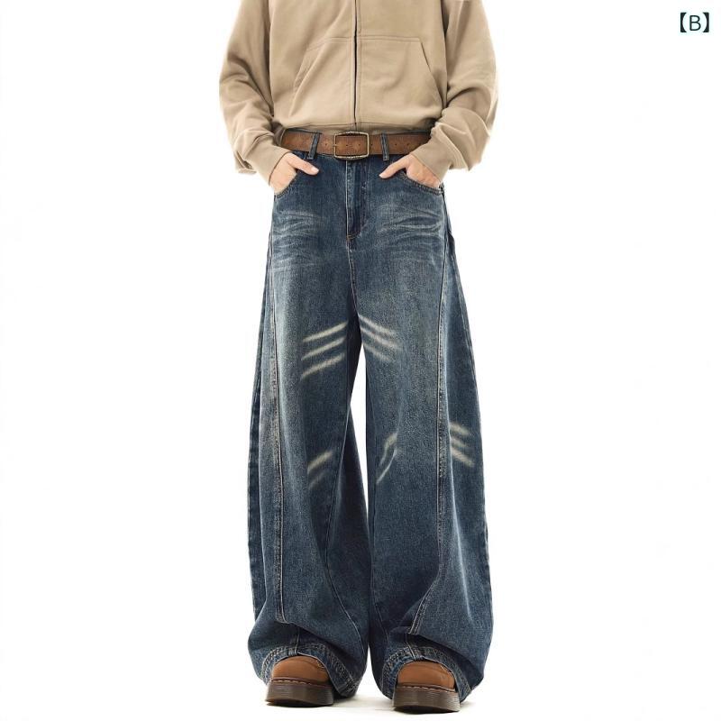 デニム メンズ ジーンズ ストレート ワイドレッグ ヴィンテージ風 ゆったり 手描き加工 カジュアル ブラック ブルー 春夏秋冬