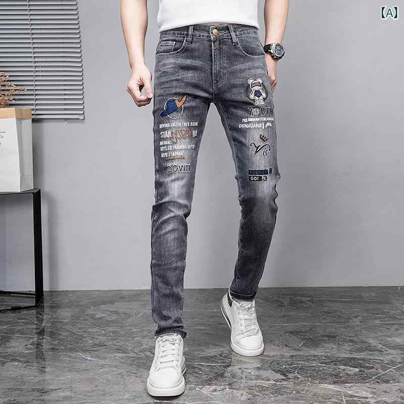 デニム メンズ デニムパンツ グレー 刺繍 ストレート ダメージ リペア加工 カジュアルパンツ アメカジ ジーパン Gパン