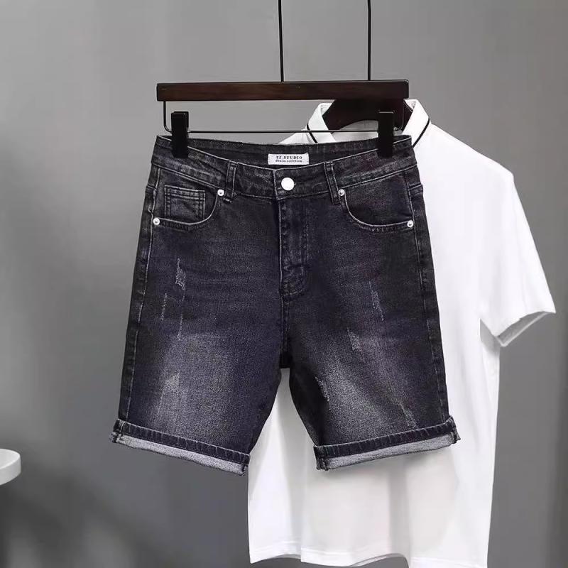 デニム メンズ ハーフパンツ 5分丈 スリム ストレート ダメージ加工 ウォッシュド コットン 普段使い 春