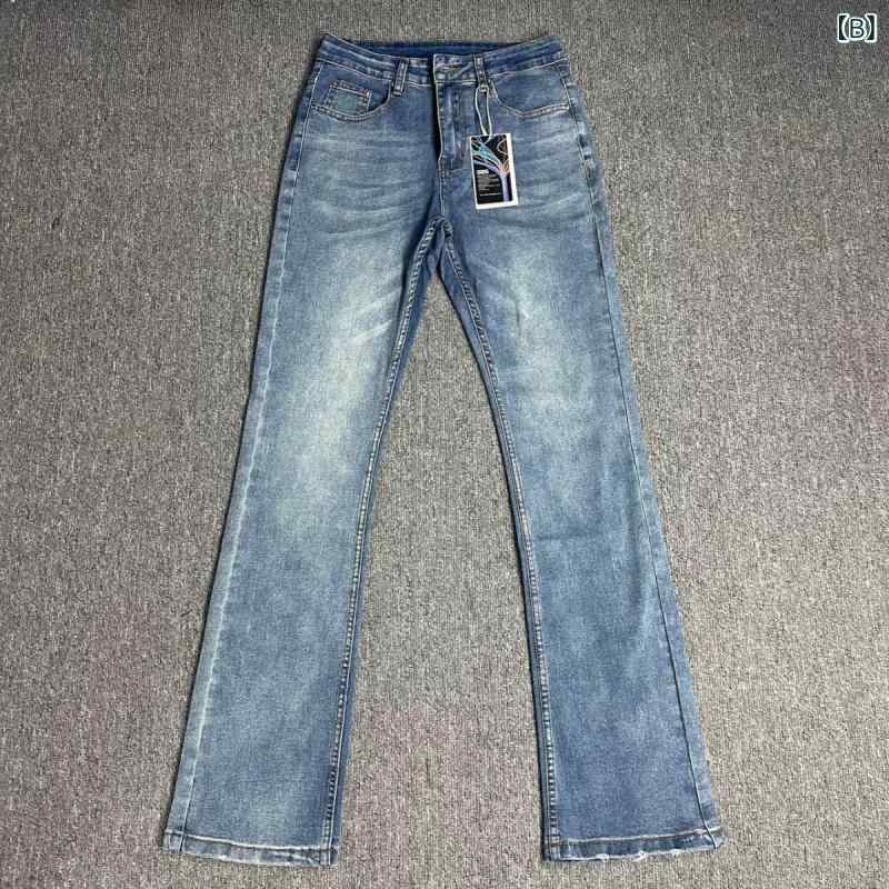 牛仔パンツ メンズ 水洗い 517風 ビンテージ加工 ベルボトム スリムフィット ローライズ ブラックグレー ブルー 春秋 長ズボン