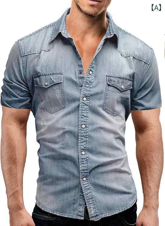 シャツ メンズ 半袖 デニム 無地 形態安定 20代 30代 40代 カジュアル トップス 浅ブルー 濃紺 ダークグレー ライトグレー ブラック