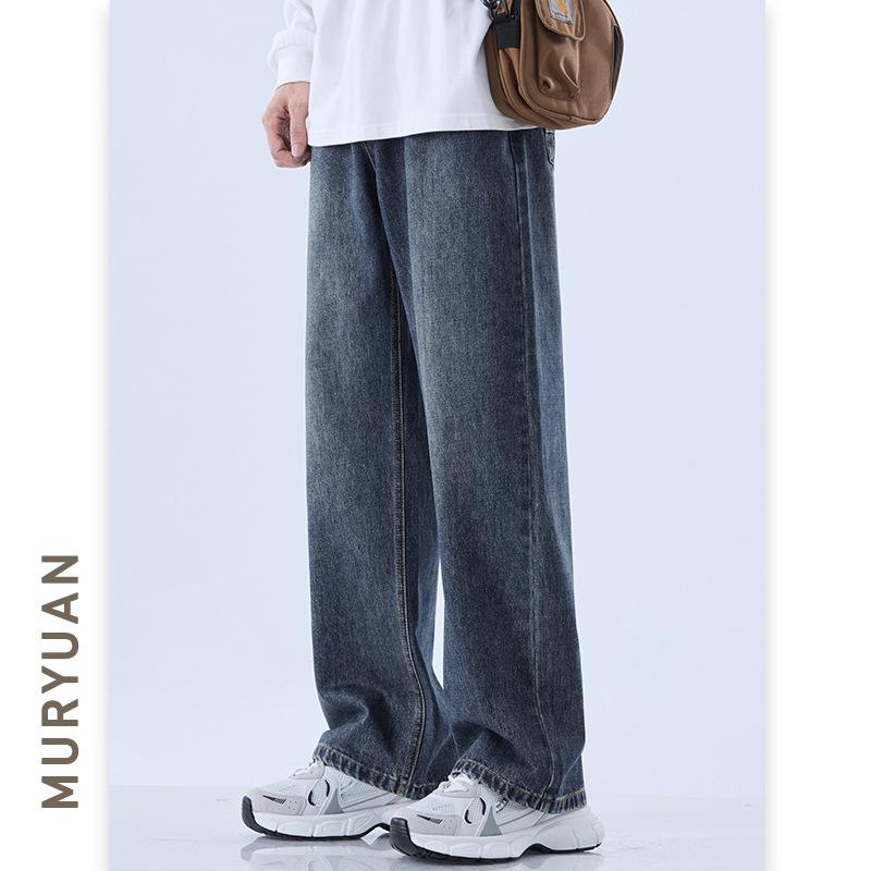 デニム メンズ ストレートジーンズ ウォッシュ加工 中間ウエスト リラックスフィット デニムパンツ ブラック系 ブルー系 春