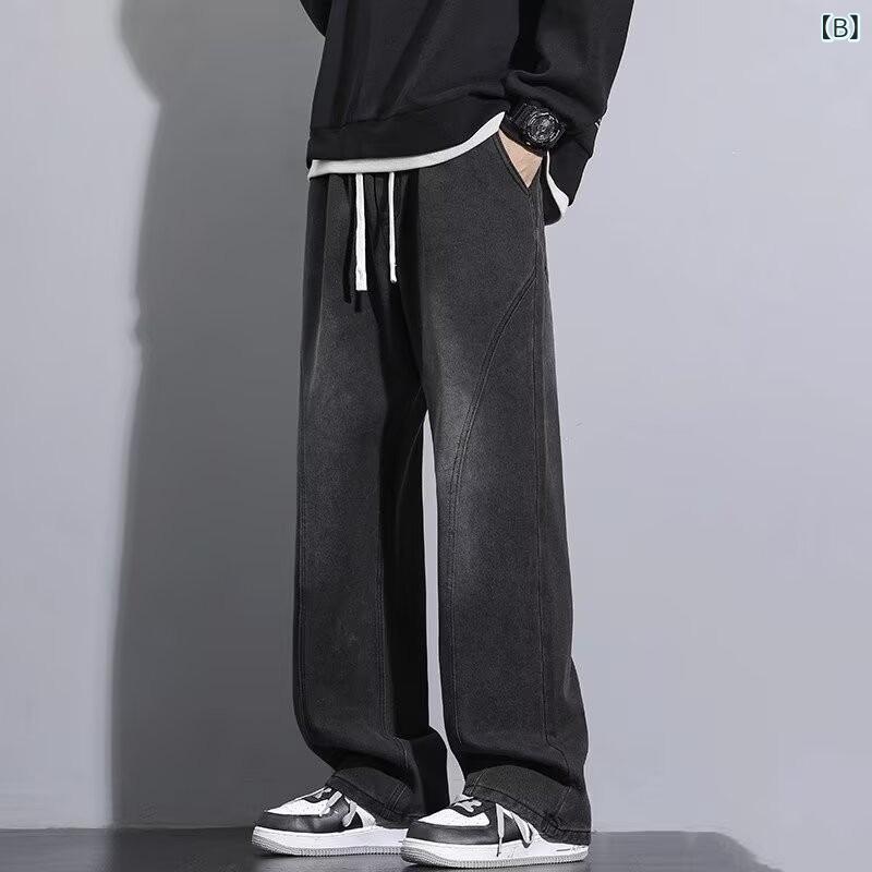 ジーンズ メンズ デニム ワイドストレートパンツ レトロ ヴィンテージ加工 ゆったり 春秋冬 ウォッシュ加工 インディゴブルー ブラックグレー