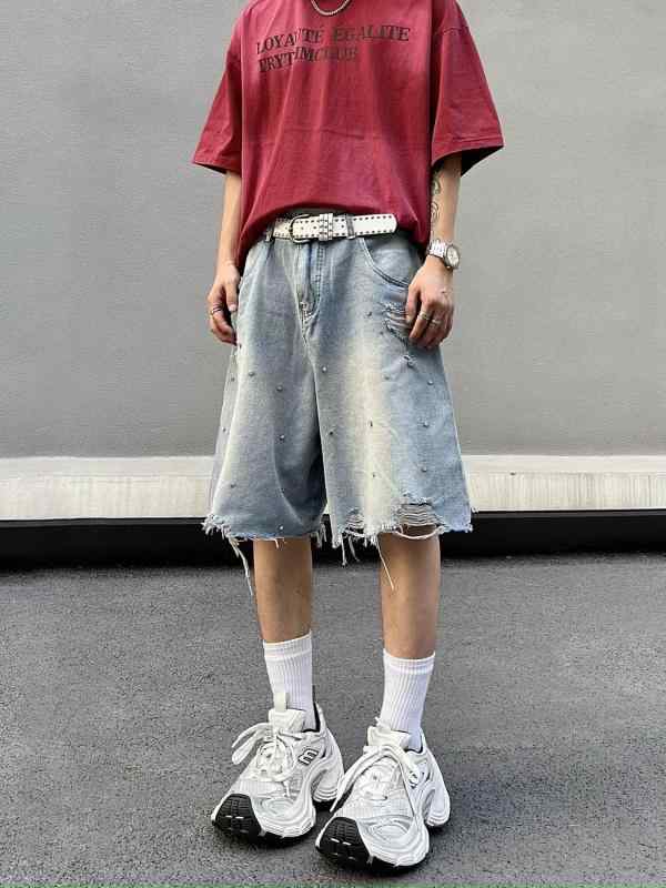 デニム メンズ ハーフパンツ ダメージ加工 ワイド バギーパンツ ジーンズ ジーパン 5分丈 接触冷感 ル..