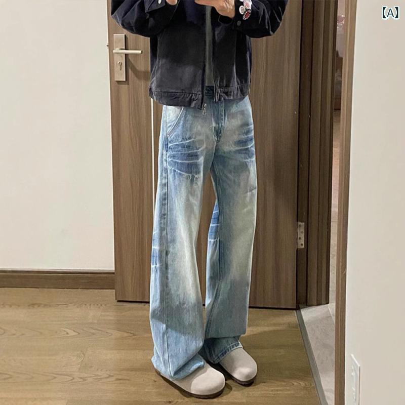 デニム メンズ ストレートジーンズ ウォッシュ加工 ジーパン Gパン ロングパンツ コットン混紡 カジュアル スプリング 夏