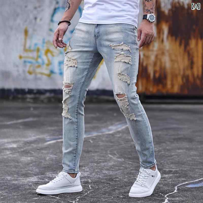 デニム メンズ スキニージーンズ ダメージ加工 小脚パンツ 男性用 Gパン ジーパン ストレッチ 伸縮性 浅藍色 石墨色 ホワイト