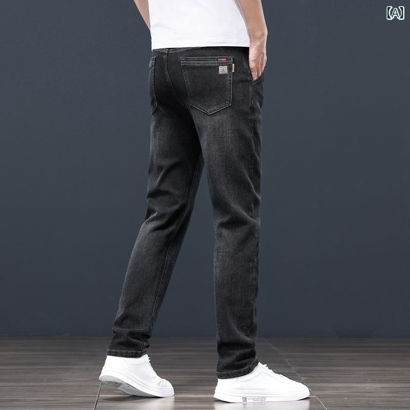 デニム メンズ ストレッチ ストレート ジーンズ ロングパンツ ウォッシュ加工 カジュアルパンツ 黒 グレー ブルー 春夏 秋冬