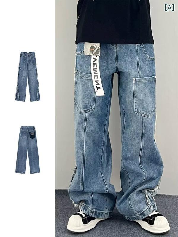 デニム メンズ デニムパンツ Gパン ジーンズ ワイドパンツ バギーパンツ ストレート ルーズ ゆったり 高 Elastic 春