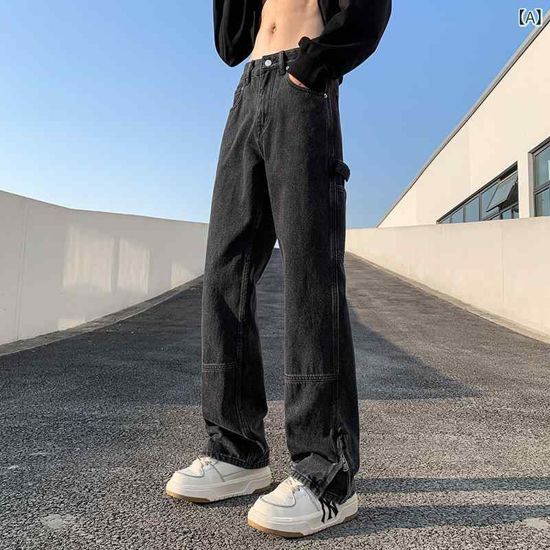 デニム メンズ ストレート ジーンズ 水洗い加工 ロングパンツ カジュアル ブラック ブルー ジーパン 綿 春秋
