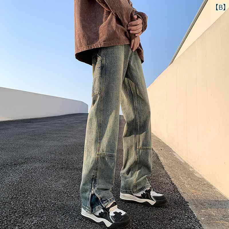 デニム メンズ デニムパンツ ジーンズ ジーパン ストレート ワイドレッグ ダメージ加工 ウォッシュ加工 春夏 秋冬