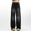 デニム メンズ アメリカンvintageブラックウォッシュ ストレートジーンズ ゆったり 高見え ストリート ズボン 黒