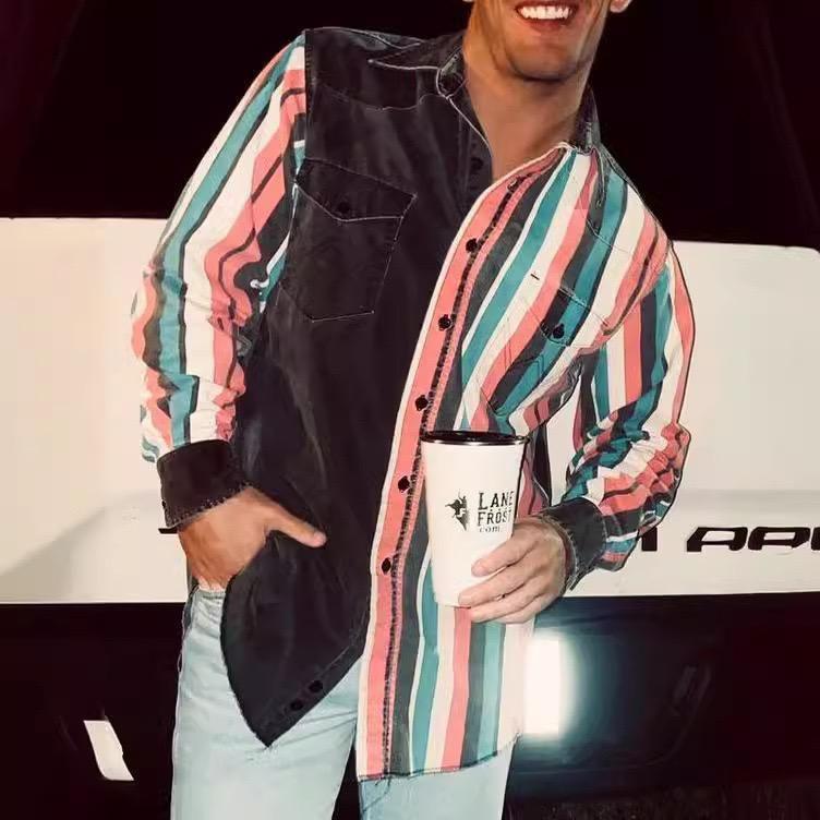 シャツ メンズ ポリエステル デニム調 プリント柄 アメカジスタイル 7分袖 合体型 普段使い(x2)