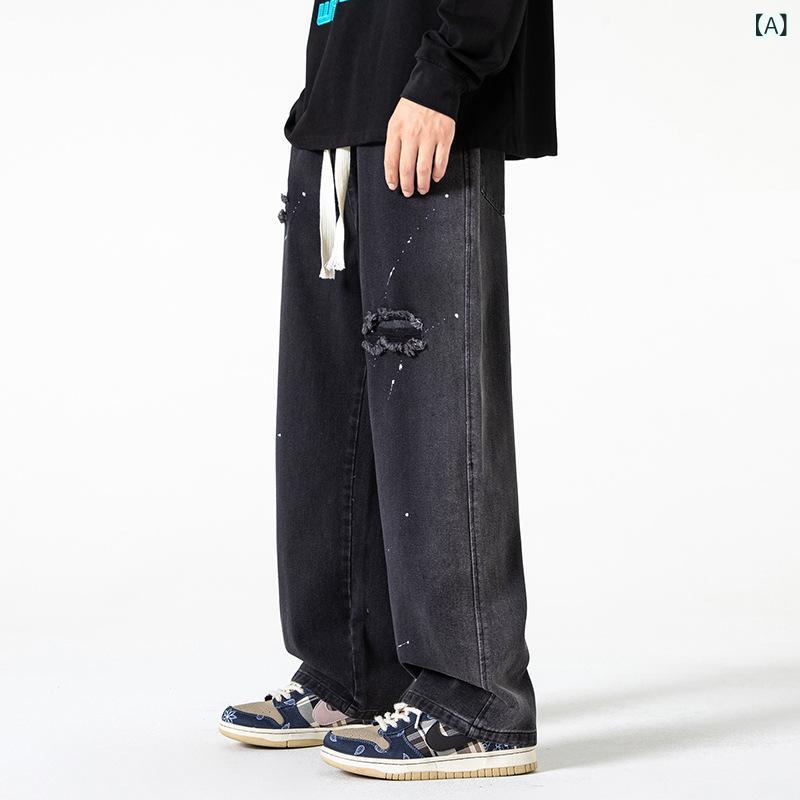 デニムパンツ メンズ ダメージ加工 ストレート ルーズフィット ゆったり ブラック系 ブルー 綿 ウォッシュ加工 カジュアル 春秋