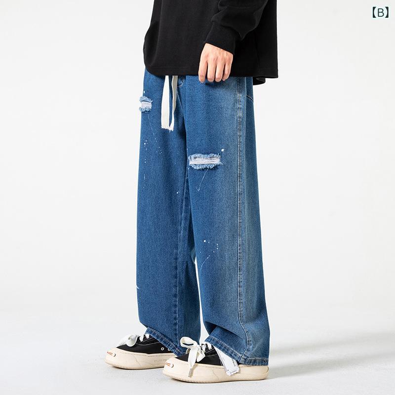 デニムパンツ メンズ ダメージ加工 ストレート ルーズフィット ゆったり ブラック系 ブルー 綿 ウォッシュ加工 カジュアル 春秋