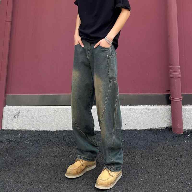 デニム メンズ ストレート ジーンズ ウォッシュ加工 ジーパン ズボン パンツ カジュアル 韓国 M L XL XXL XXXL ブルー ブラック 黄泥色