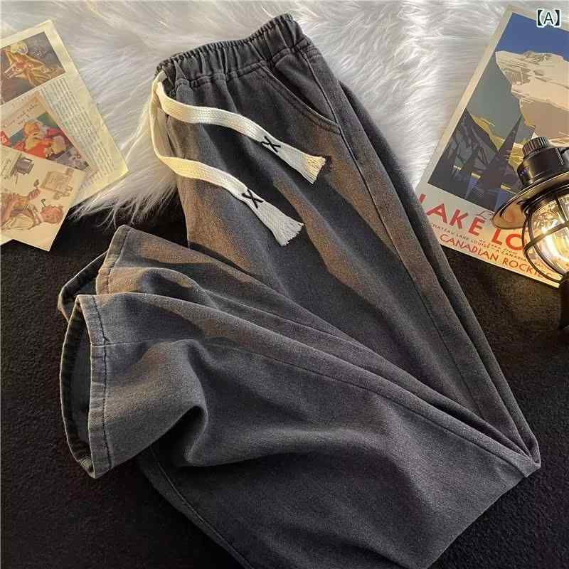 デニム メンズ パンツ ドローストリング 伸縮性 ウエスト ワイドレッグ ストレート ジーパン ズボン カジュアル 黒 グレー 紺 春秋 薄手