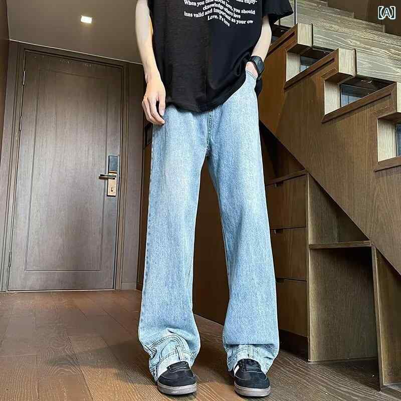 デニム メンズ ストレートパンツ ゆったり ワイドレッグ カジュアル ロングパンツ 春夏 ウォッシュ加工 ジーパン ズボン アメカジ ライトブルー