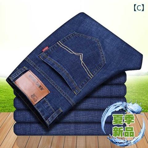 デニム メンズ ストレートジーンズ ジーパン ズボン パンツ 伸縮性 薄手 大寸サイズ ウォッシュ加工 カジュアル 男性用 春夏