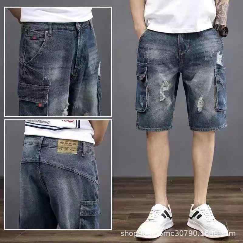デニム メンズ ハーフパンツ 短パン ダメージ加工 ストリート カジュアル ゆったり ワイドレッグ 高腰 マルチカラー 春夏
