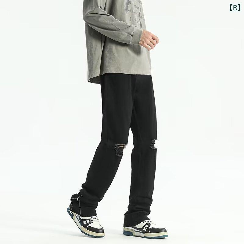 デニム メンズ ストレートパンツ ウォッシュ加工 ダメージ加工 フリンジ 中厚手 ブラック ホワイト カジュアル 通勤 普段使い 春秋