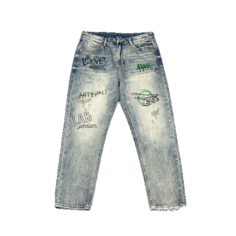 ジーンズ メンズ 男性用 デニムパンツ ストレート ゆったり ビッグシルエット ウォッシュ加工 ダメージ加工 プリント コットン ブラック ブルー