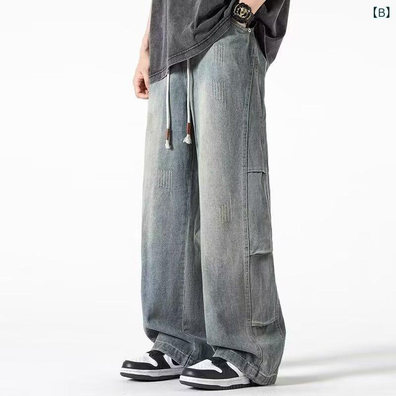 デニム メンズ ストレート ワイドレッグ ジーンズ ウォッシュ加工 ドローストリング ルーズフィット パンツ ブラック ブルー 春秋