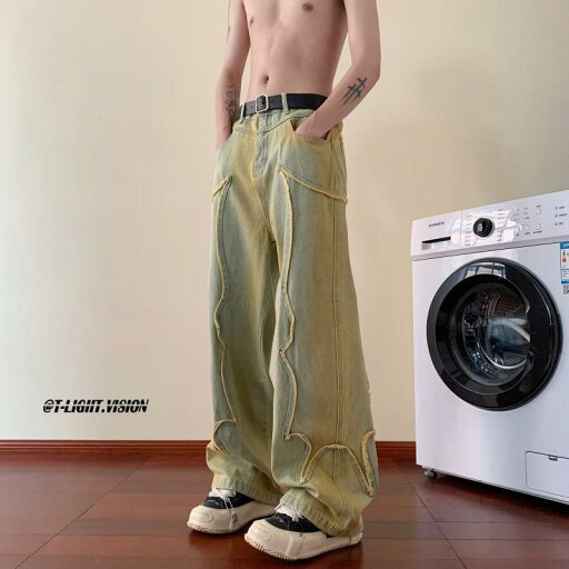 ジーンズ メンズ ヴィンテージ風 ウォッシュ加工 ストレート ゆったり デニムパンツ カーキ ジーンズ メンズ ヴィンテージ風 ウォッシュ加工 ストレート ゆったり デニムパンツ カーキ