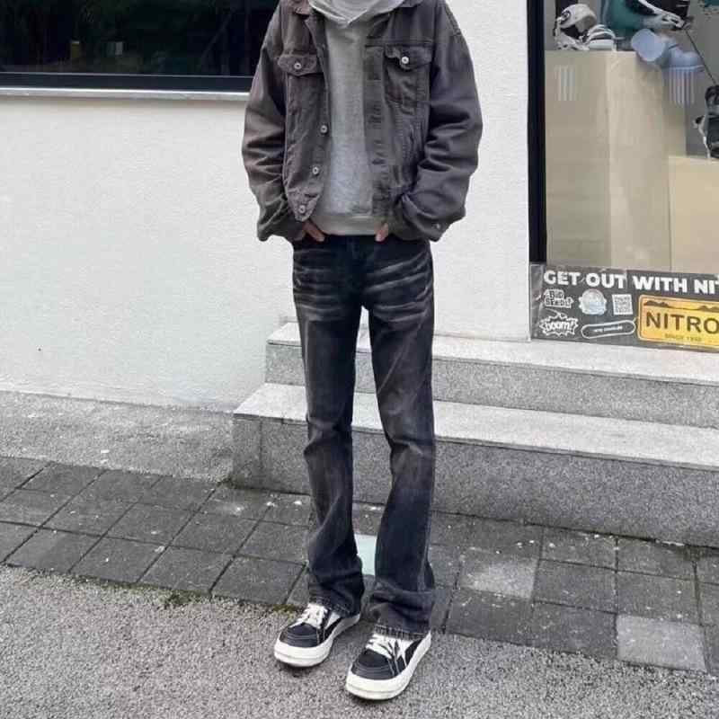 ジーンズ メンズ ヴィンテージ風 猫ヒゲ加工 ブラックグレー デニムパンツ スリムフィット ジーパン カジュアルパンツ 水洗い加工