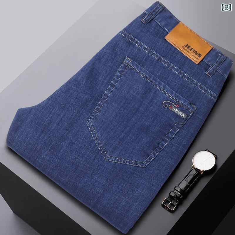 デニム メンズ ストレート デニムパンツ 薄手 男性用 ジーパン ズボン ミドルウエスト ゆったりサイズ カジュアル 水洗い加工 コットン 伸縮性