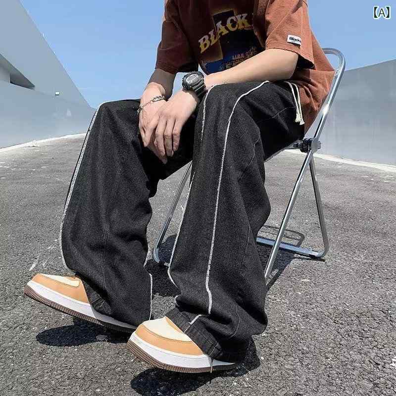 デニム メンズ ルーズ ストレートパンツ ウォッシュド加工 ジーパン ロングパンツ カジュアル スプリング 夏 ブラック 黄泥色