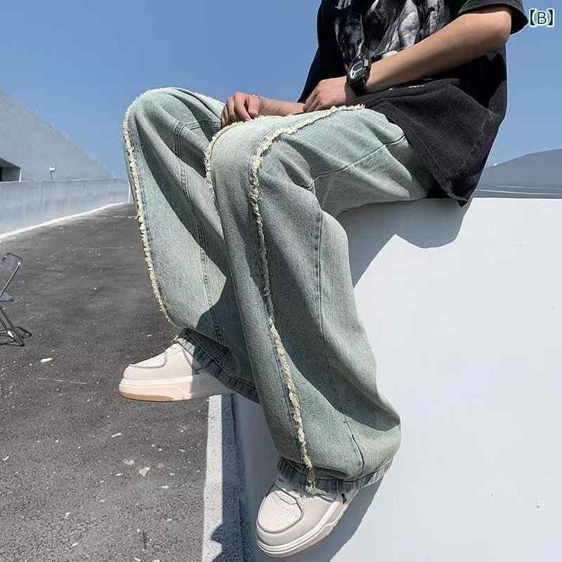 デニム メンズ ルーズ ストレートパンツ ウォッシュド加工 ジーパン ロングパンツ カジュアル スプリング 夏 ブラック 黄泥色