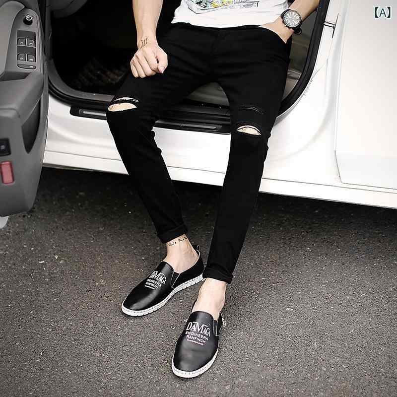 デニム メンズ デニムパンツ ジーンズ 膝破れ スキニー スリムフィット 黒 ブラック 9分丈 カジュアル 水洗い加工 ポケット飾り