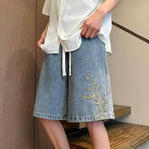 デニム メンズ ハーフパンツ 刺繍 ダメージ加工 ワイド ストレート 短パン ジーンズ ジーパン 春夏 カジュアル デニム メンズ ハーフパンツ 刺繍 ダメージ加工 ワイド ストレート 短パン ジーンズ ジーパン 春夏 カジュアル