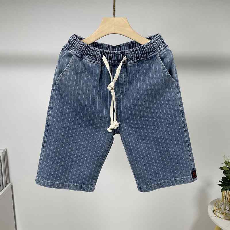デニム メンズ ストライプ ショートパンツ ハーフパンツ ワイドレッグ 5分丈 接触冷感 伸縮性 ウエストゴム ゆったり 普段使い