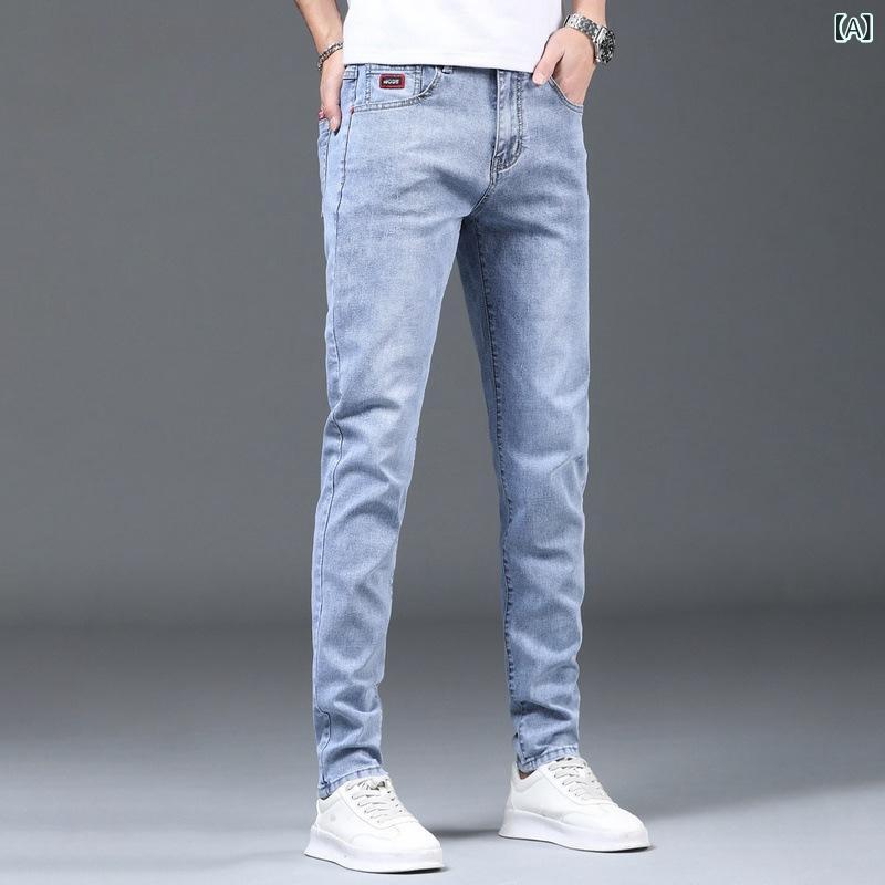 デニム メンズ デニムパンツ ジーンズ Gパン ジーパン ウォッシュ加工 テーパードパンツ スリム 細身 カジュアルパンツ スキニーパンツ ストレッチ 伸縮性 中厚手 ポケット付き 春夏 ブルー系