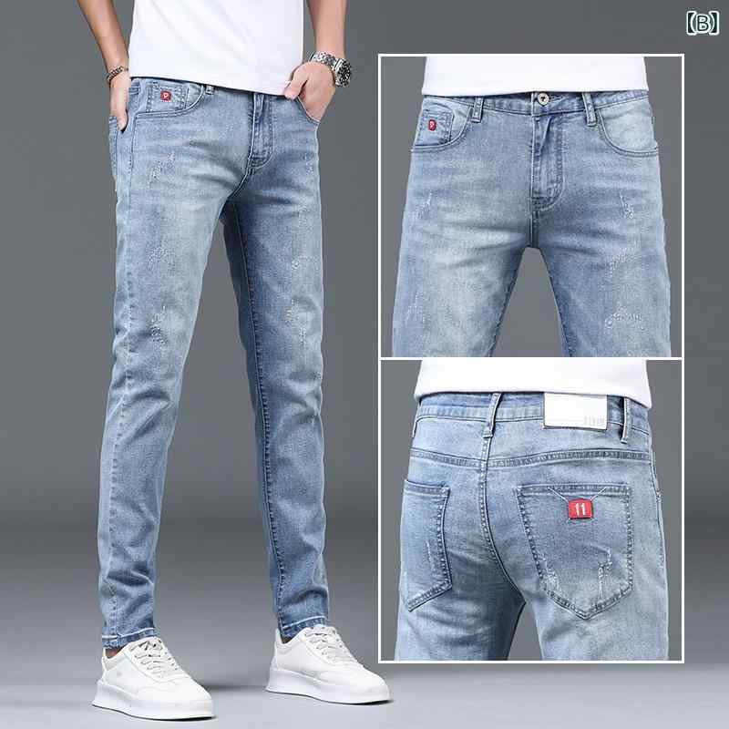 デニム メンズ デニムパンツ ジーンズ Gパン ジーパン ウォッシュ加工 テーパードパンツ スリム 細身 カジュアルパンツ スキニーパンツ ストレッチ 伸縮性 中厚手 ポケット付き 春夏 ブルー系