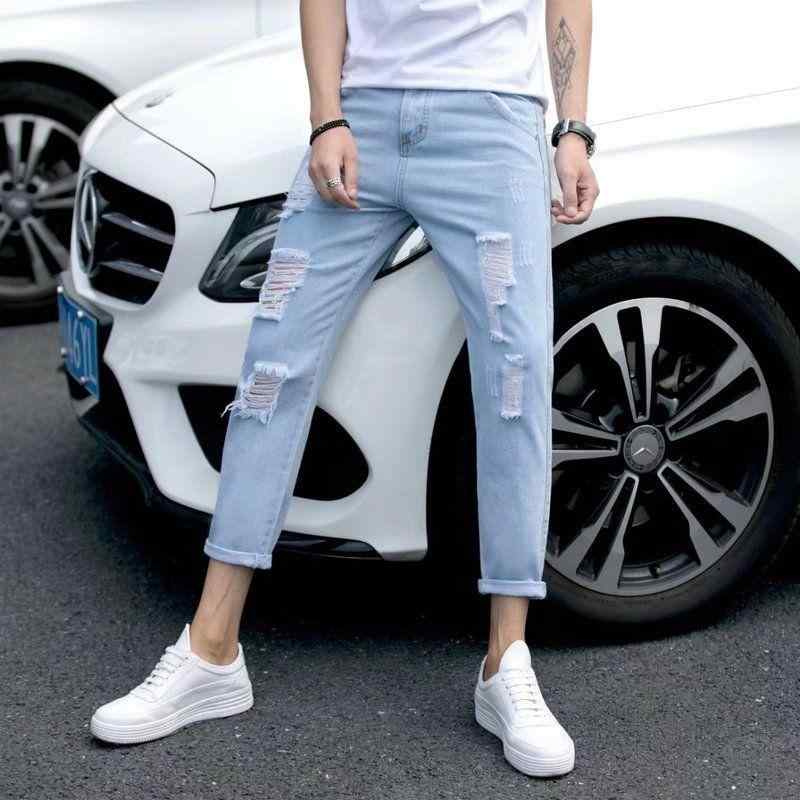 デニム メンズ ダメージジーンズ 薄手 9分丈 ストレート 韓国 ジーパン 男性用 ボトムス 夏(x2)