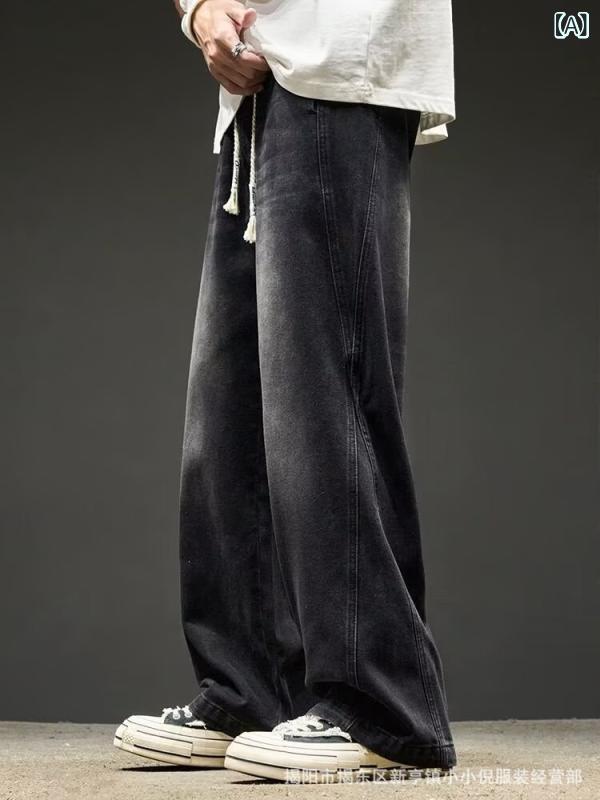 デニム メンズ 水洗い ストレート ジーンズ ジーパン ズボン パンツ 春秋物 ゆったり ヴィンテージ加工 ウォッシュ加工 ブラック ブルー(x2)