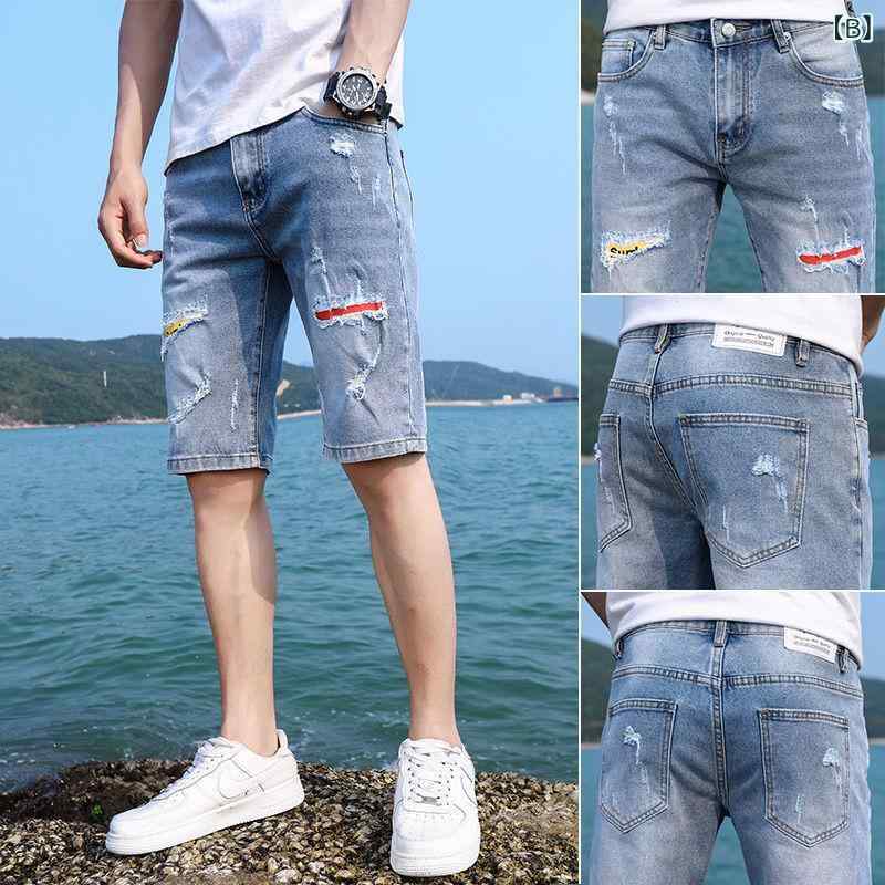 デニム メンズ ハーフパンツ ダメージ加工 ストレート 5分丈 膝丈 カジュアル 中 толстовка ウォッシュ加工 ポケット 普段使い