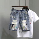 デニム メンズ ハーフパンツ ダメージ加工 ニードルワーク 刺繍 スリムフィット ストレート 5分丈 夏 カジュアル ブルー系