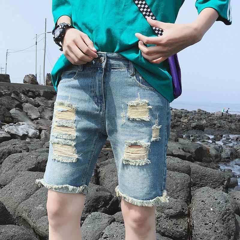 ジーンズ メンズ 男性用 デニムパンツ ハーフパンツ ショートパンツ 5分丈 ダメージ加工 ゆったり 接触冷感 春夏 ブルー ブラック(x2)