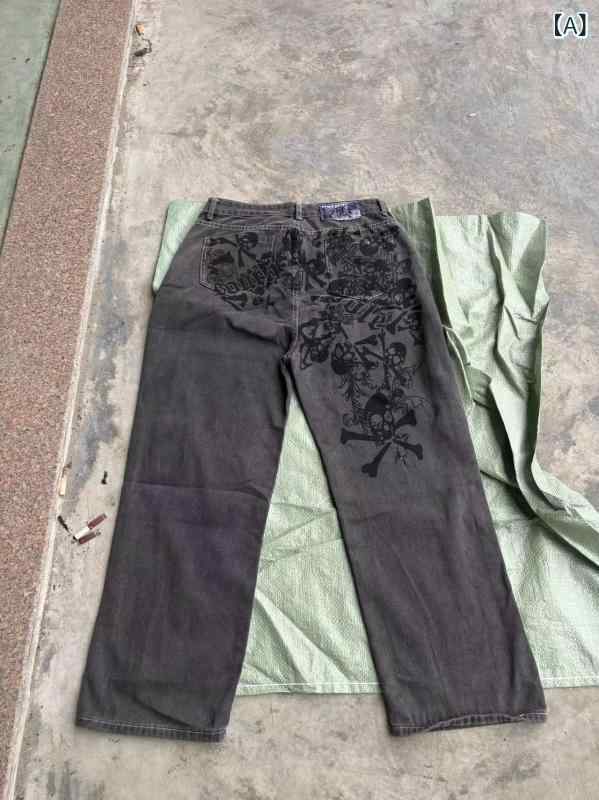 ジーンズ メンズ 刺繡 ゴシック デニムパンツ ゆったり ストレート 黒 グレー 普段使い ヒップホップ ロック 春秋