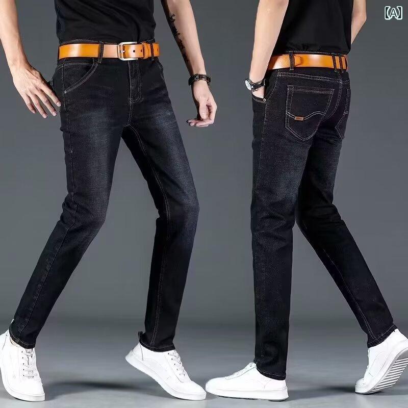 デニム メンズ ジーンズ ストレート 薄手 ジーパン ズボン パンツ 男性用 紳士服 スリム ビジネス カジュアル ブラック 黒 ブルー 青 綿 耐摩耗性