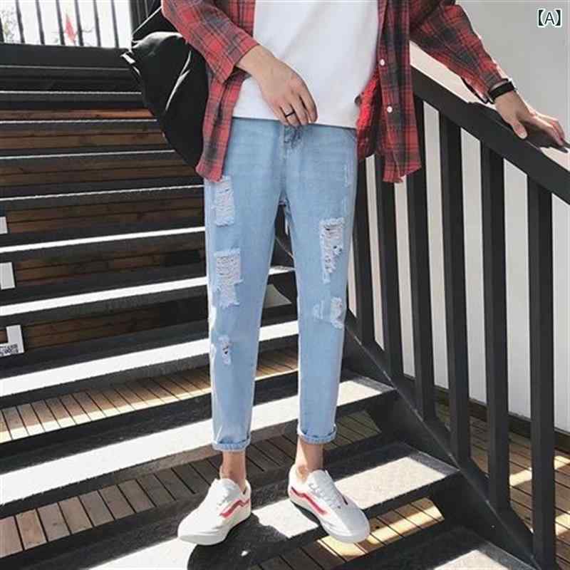 デニム メンズ ダメージジーンズ ストレート 30mm 小脚 ジーパン ズボン パンツ 春夏 薄手 ジーパン 普段使い 韓国 ライトブルー ブラック(x2)