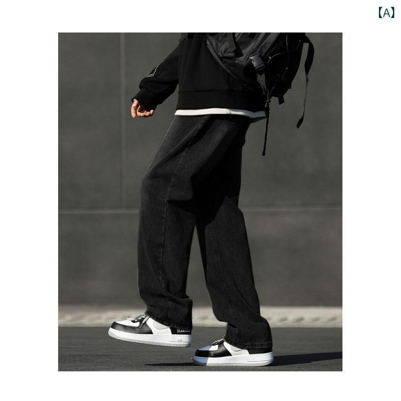 デニム メンズ ストレートパンツ グレー ジーパン ズボン カジュアル ロングパンツ ローライズ ゆったり 無地 コットン